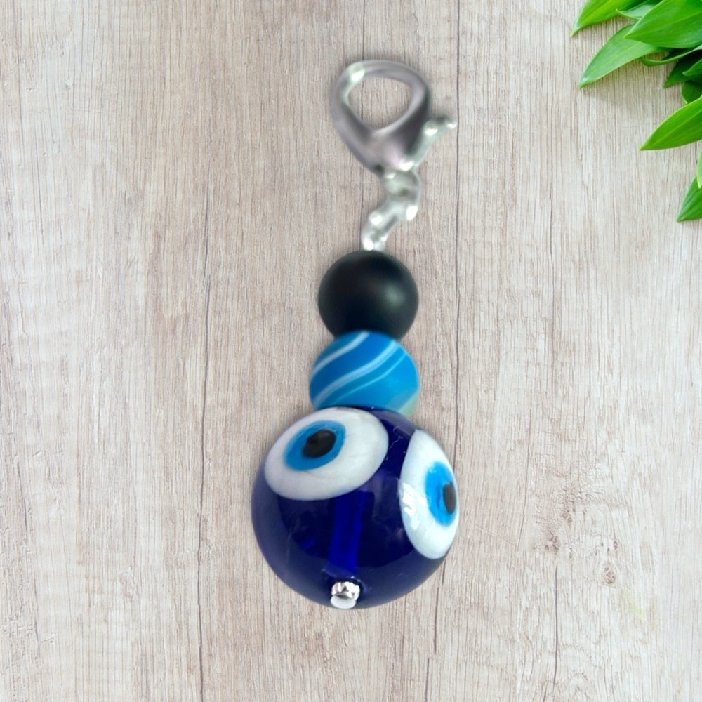 Hand Crafted Purse Pet Charm Onyx Blue Agate  Glass Ball Evil Eye Matte - Picture 5 of 7